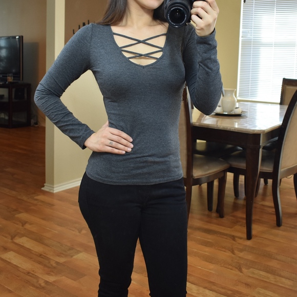 Din & Louie Tops - Charcoal Criss Cross Long Sleeve Top